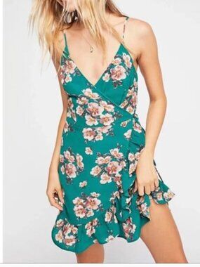 Free People Brand Women's size Small Green Floral Wrap Mini Dress Ruffle Hem